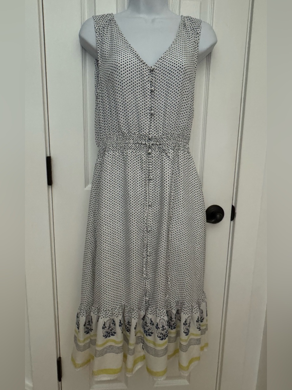 Lucky Brand White and Navy Sleeveless Polka Dot Button-Front Dress